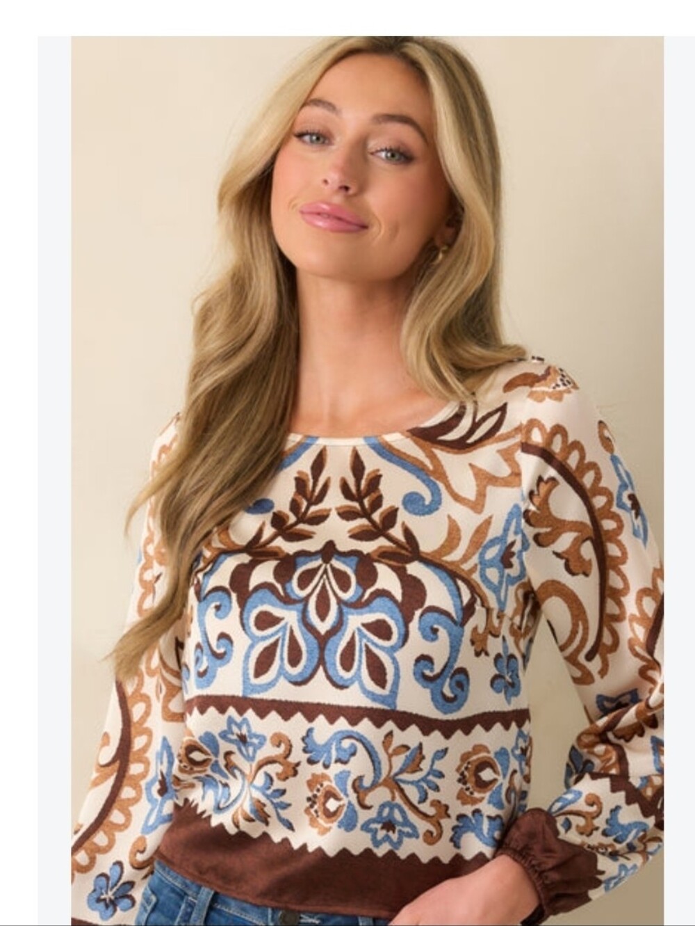 Skies Are Blue Cream Patterned Long-Sleeve Top with Blue & Brown Accents
